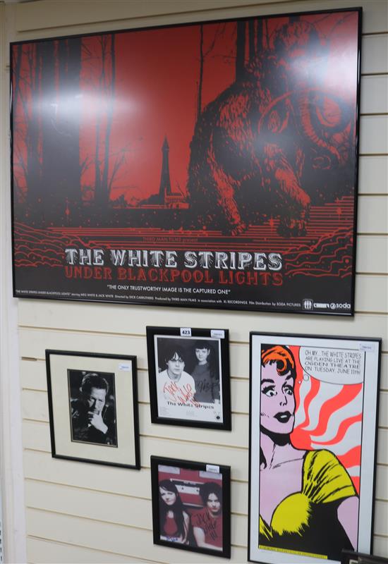 Pop and Rock Memorabilia, a signed photograph of Eric Clapton, The White Stripes posters, etc.,